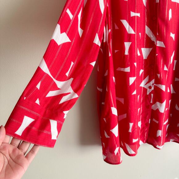 Selection by Ulla Popken Red + White Abstract Metallic Thread Button Up Blouse - Picture 3 of 9